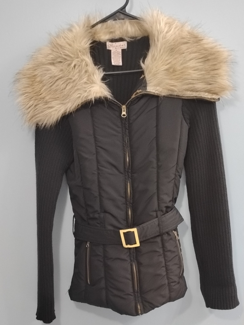 Women's Black Quilted Puffer Jacket with Beige Faux Fur Collar